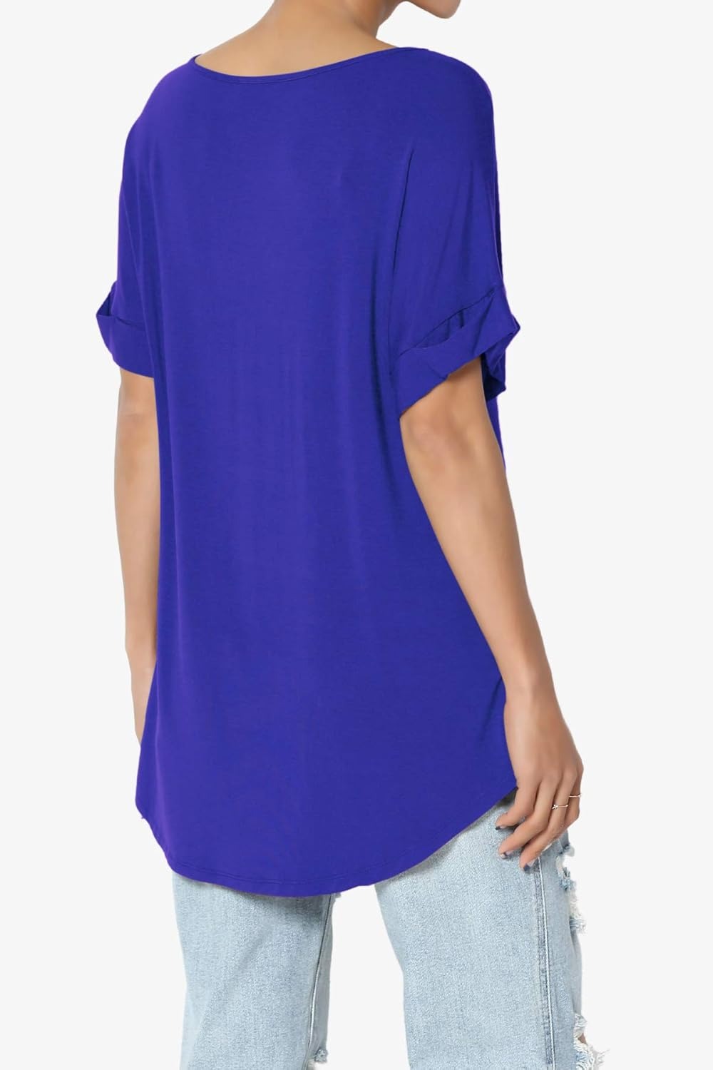 Women's Wide V-Neck Cuffed Short Sleeve Curved Hem Luxe Jersey Top
