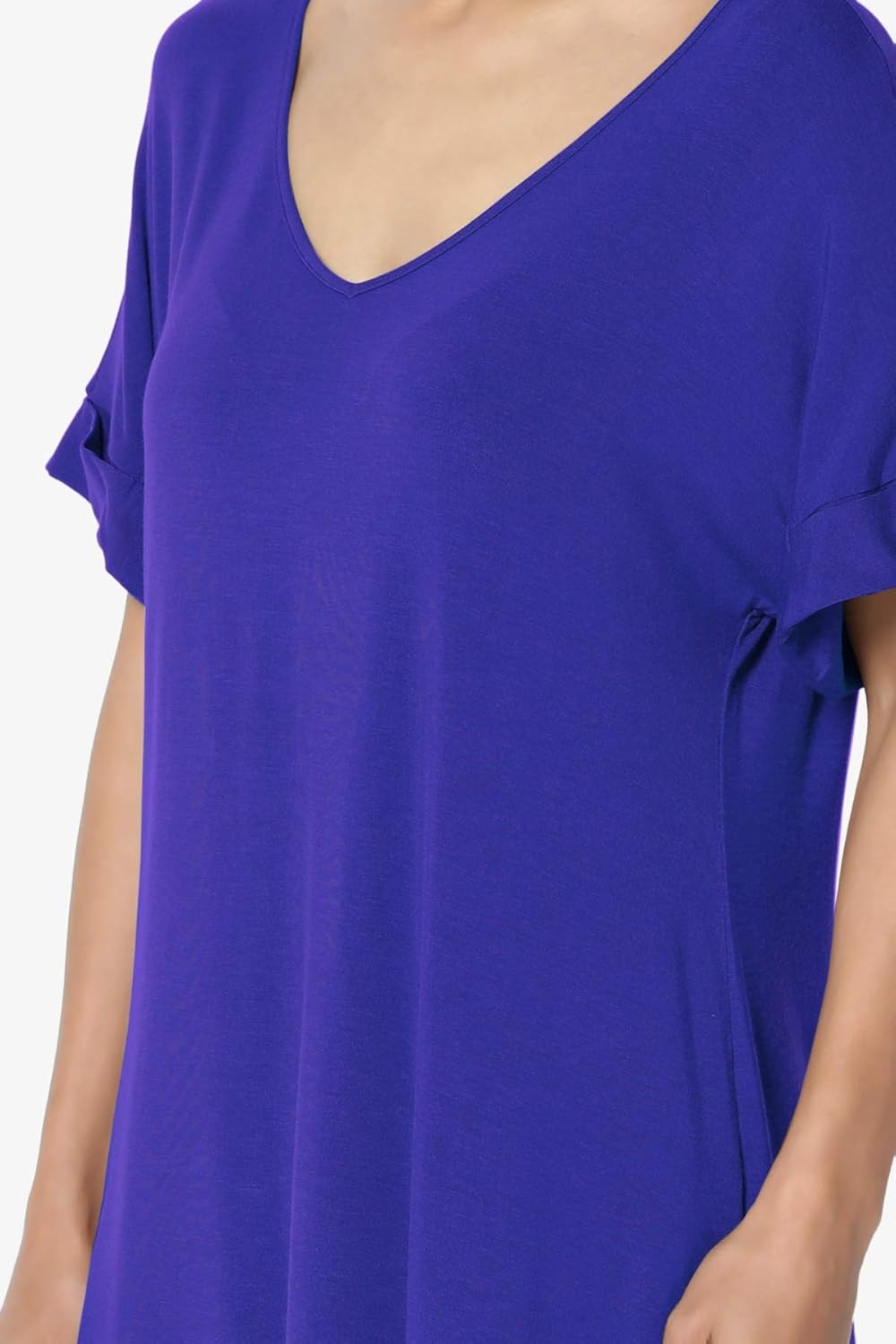 Women's Wide V-Neck Cuffed Short Sleeve Curved Hem Luxe Jersey Top