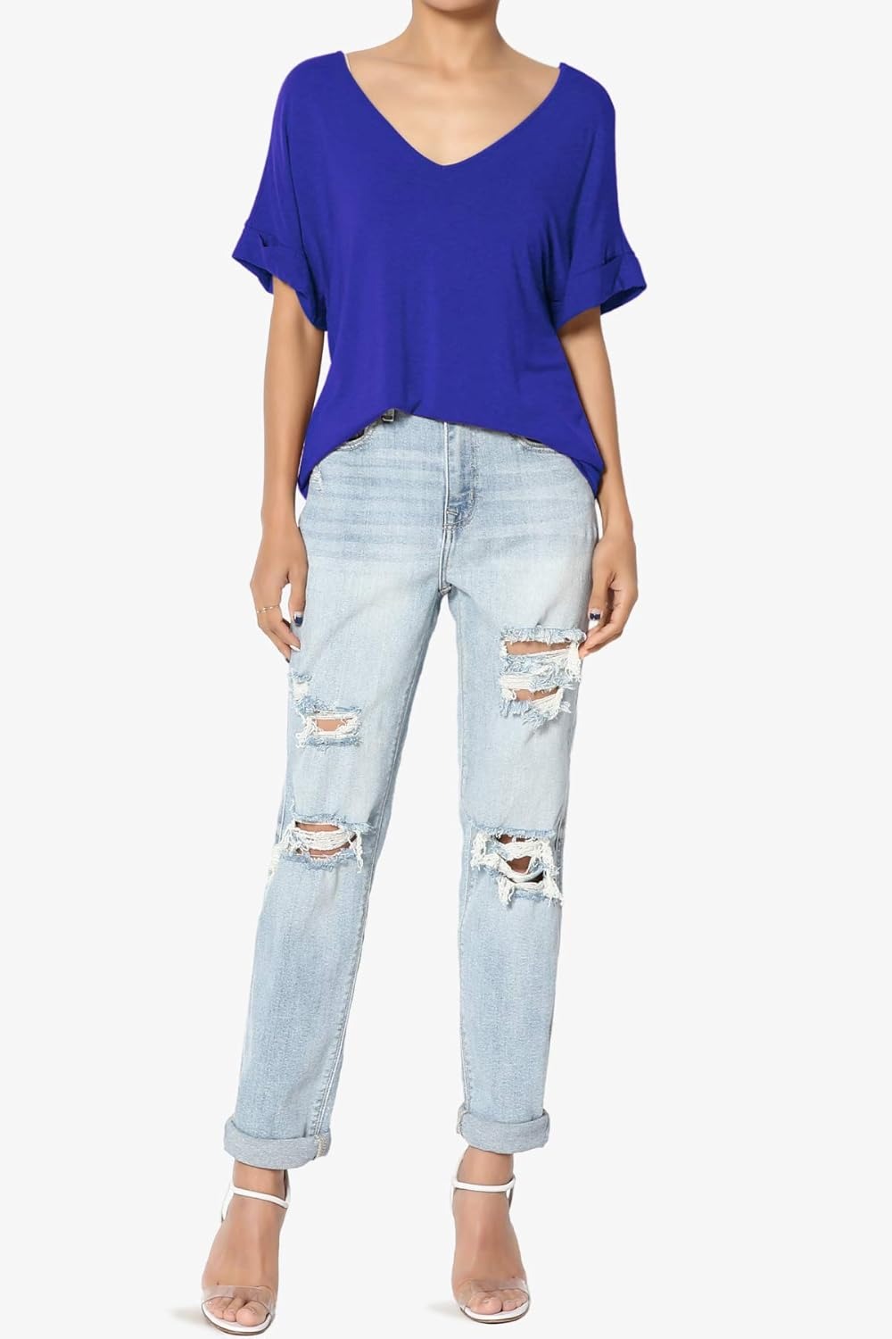 Women's Wide V-Neck Cuffed Short Sleeve Curved Hem Luxe Jersey Top