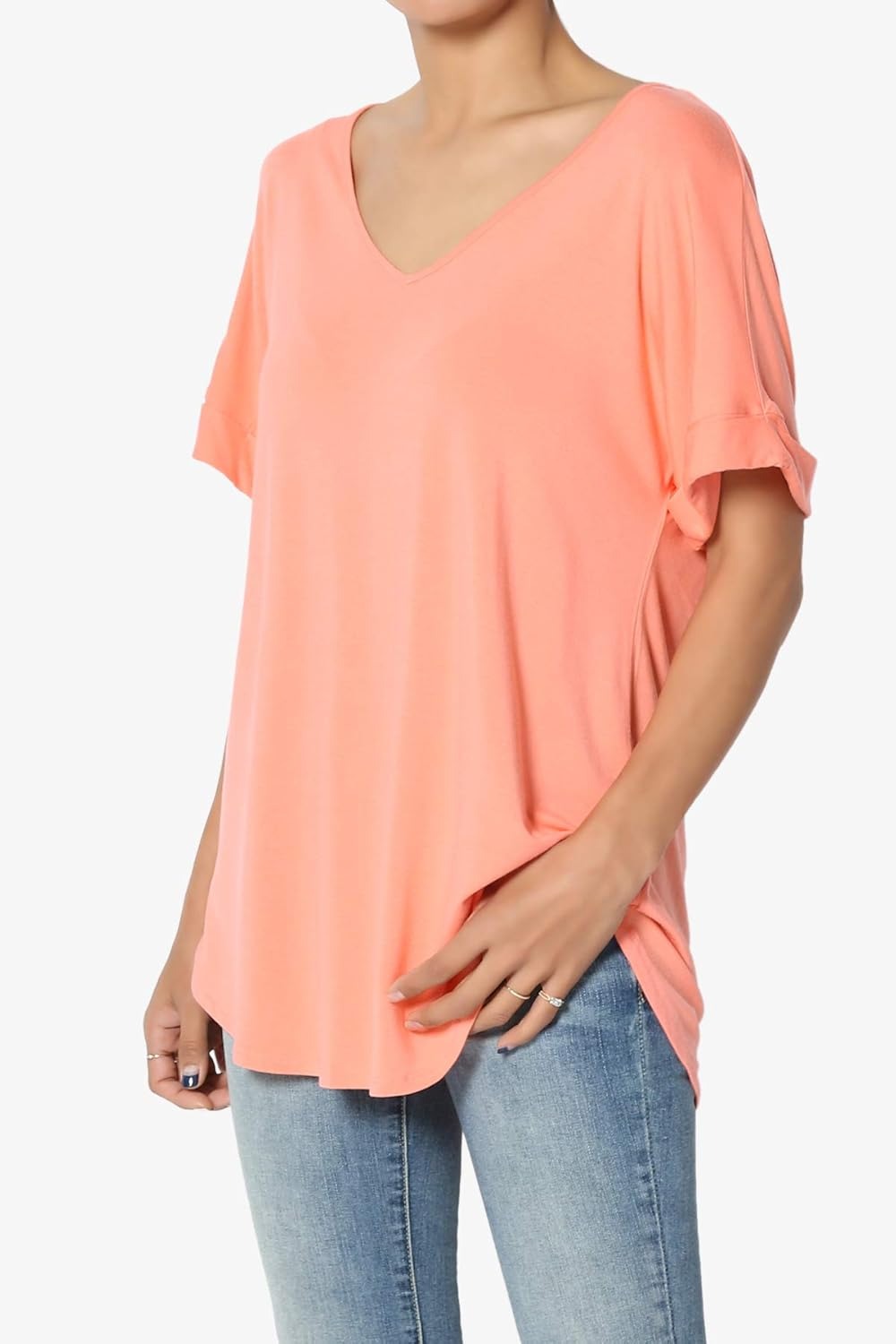 Women's Wide V-Neck Cuffed Short Sleeve Curved Hem Luxe Jersey Top