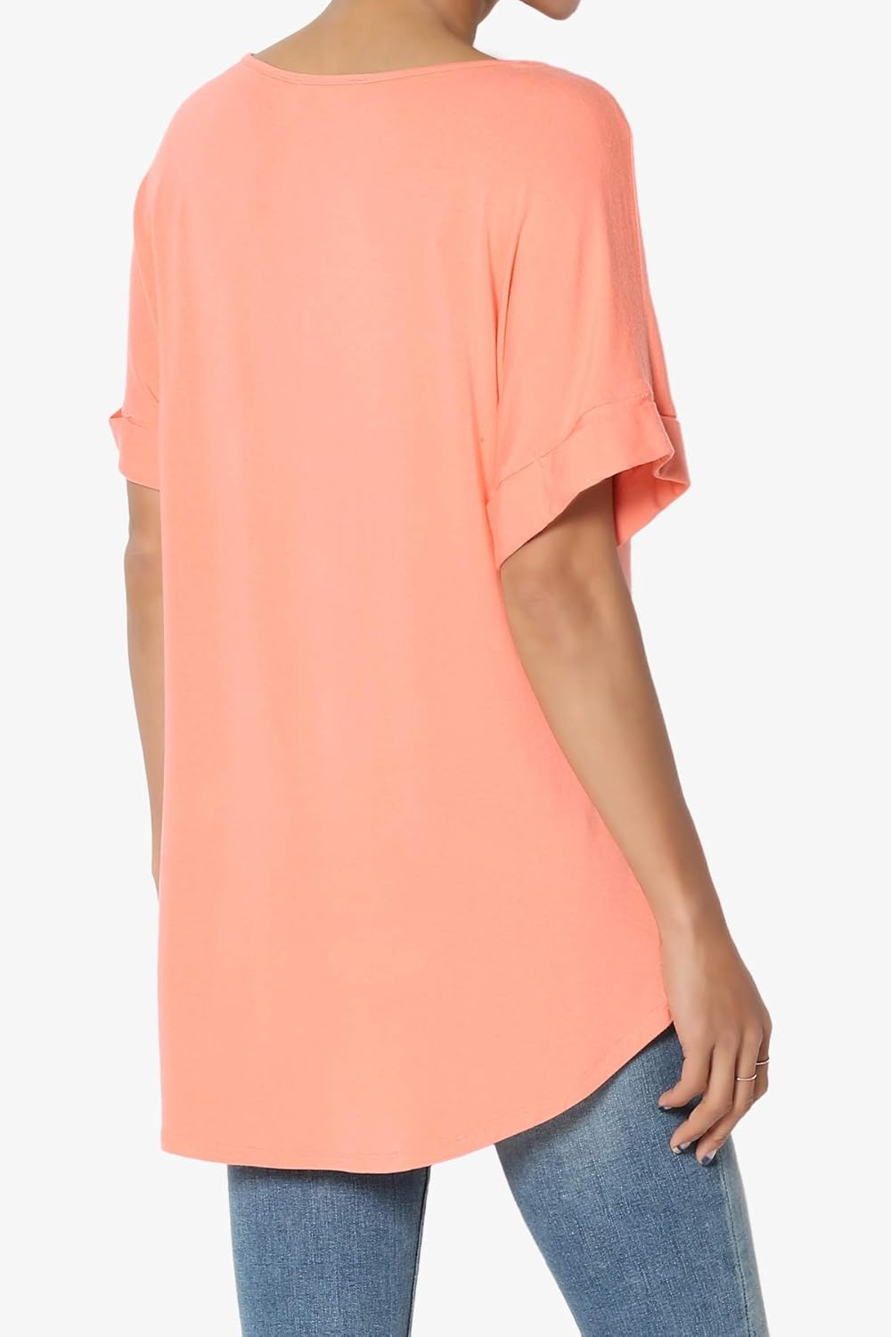 Women's Wide V-Neck Cuffed Short Sleeve Curved Hem Luxe Jersey Top