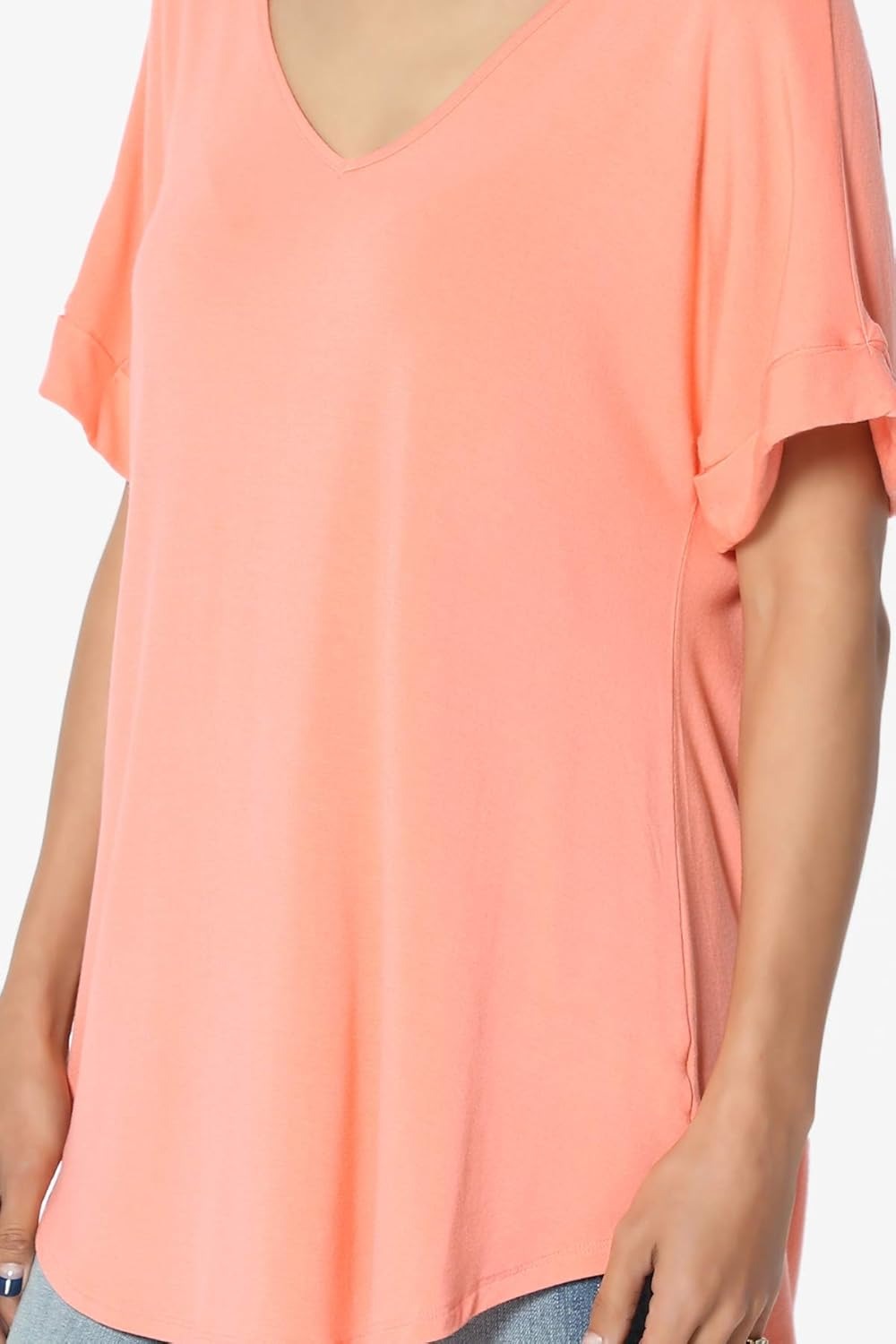 Women's Wide V-Neck Cuffed Short Sleeve Curved Hem Luxe Jersey Top