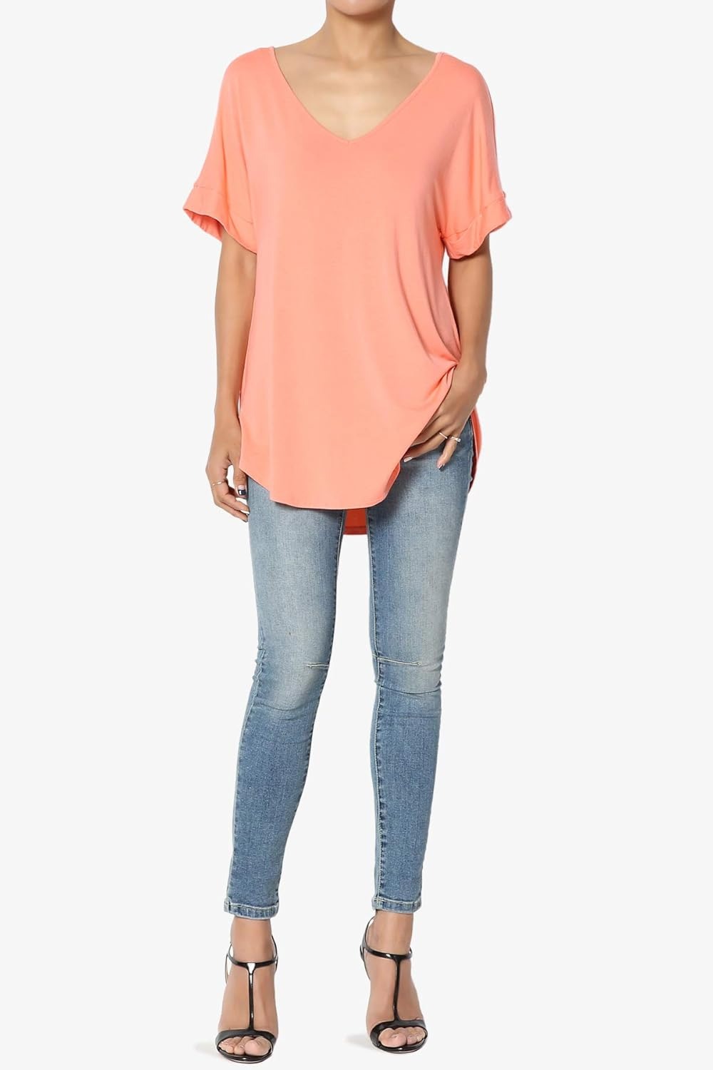Women's Wide V-Neck Cuffed Short Sleeve Curved Hem Luxe Jersey Top