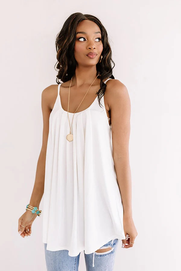 Pleated Adjustable Spaghetti Strap Camisole Sleeveless Tops Loose Fit Beach Tank