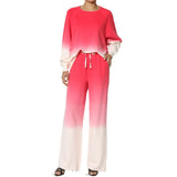 Cotton Ombre Dip Dye French Terry Long Sleeve Top Wide Leg Lounge Pants w/ Pockets Tracksuit SET - Ruby