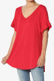 Women's Wide V-Neck Cuffed Short Sleeve Curved Hem Luxe Jersey Top