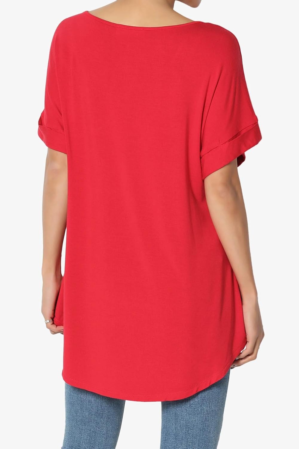 Women's Wide V-Neck Cuffed Short Sleeve Curved Hem Luxe Jersey Top