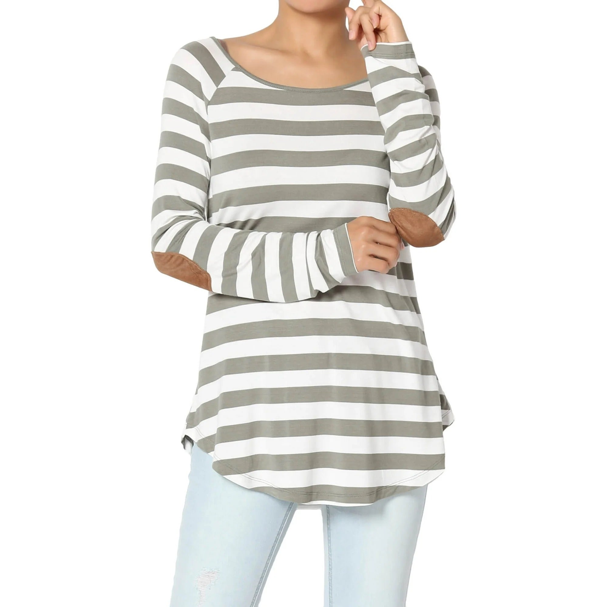 Boat Neck Striped Long Sleeve Elbow Patch Top - Gray