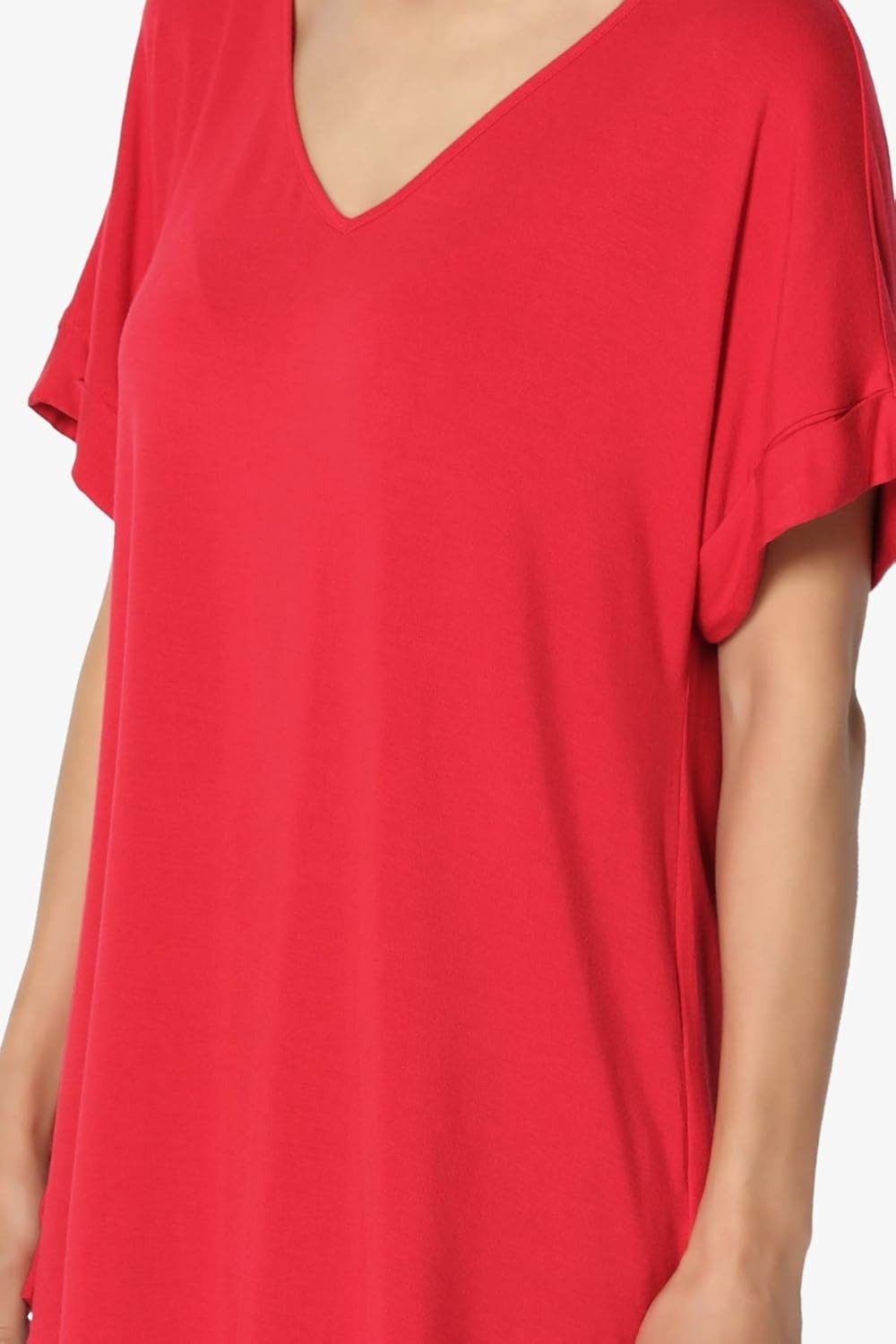Women's Wide V-Neck Cuffed Short Sleeve Curved Hem Luxe Jersey Top