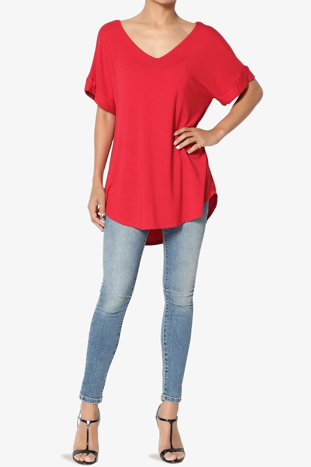 Women's Wide V-Neck Cuffed Short Sleeve Curved Hem Luxe Jersey Top