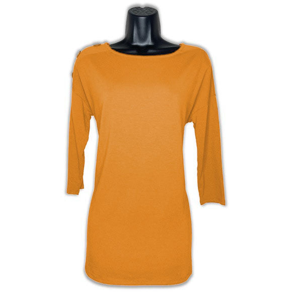 Mustard Yellow 3/4 Sleeve Boat Neck Top With Button Accent Detail