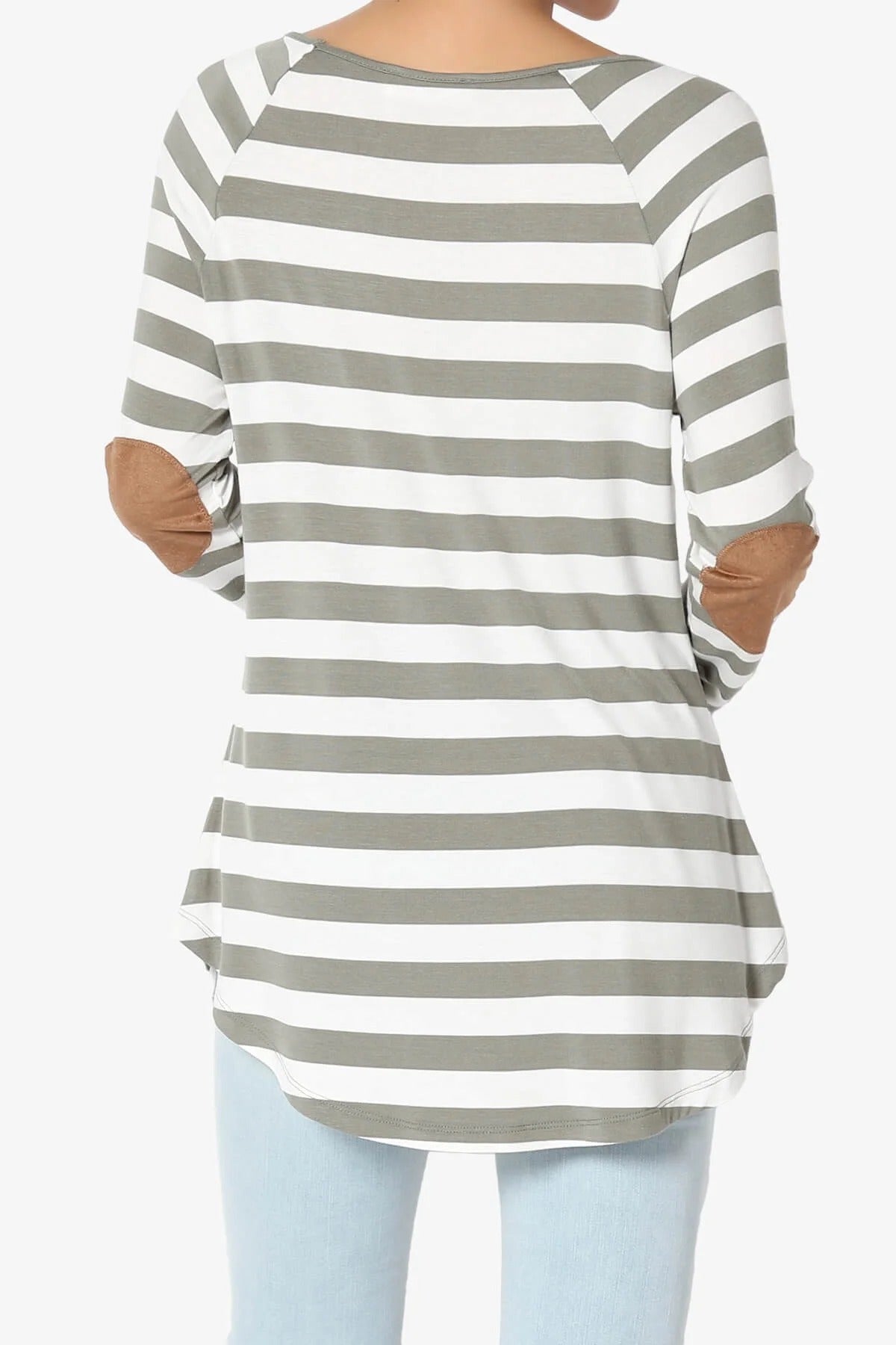 Boat Neck Striped Long Sleeve Elbow Patch Top - Gray