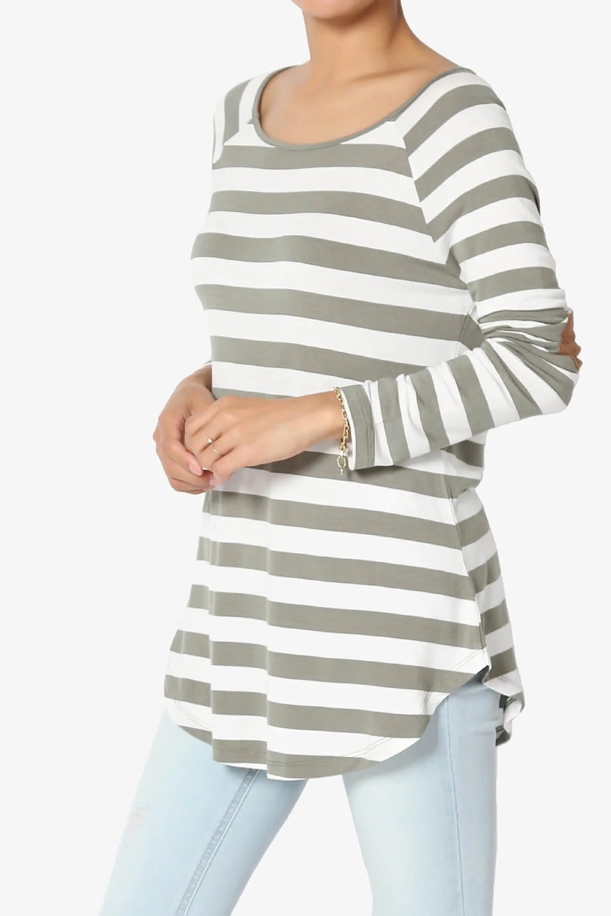 Boat Neck Striped Long Sleeve Elbow Patch Top - Gray