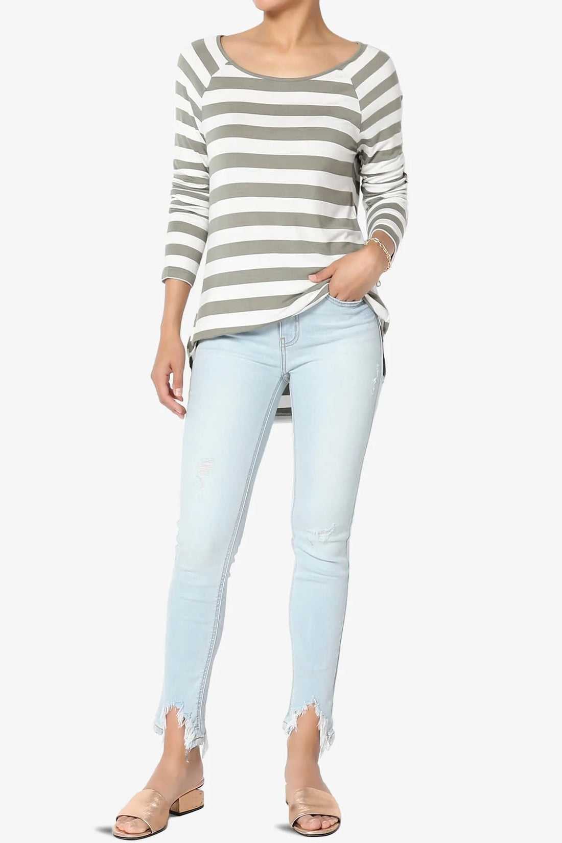 Boat Neck Striped Long Sleeve Elbow Patch Top - Gray