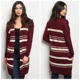 Striped Open Front Burgundy Sweater Cardigan w/ Pockets