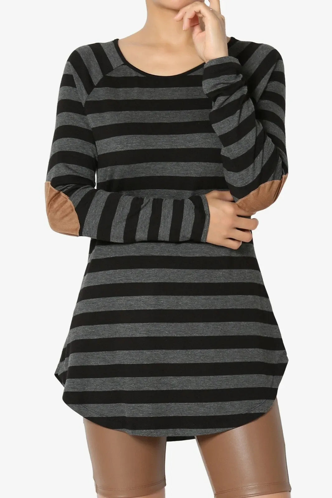 Boat Neck Striped Long Sleeve Elbow Patch Top - Gray