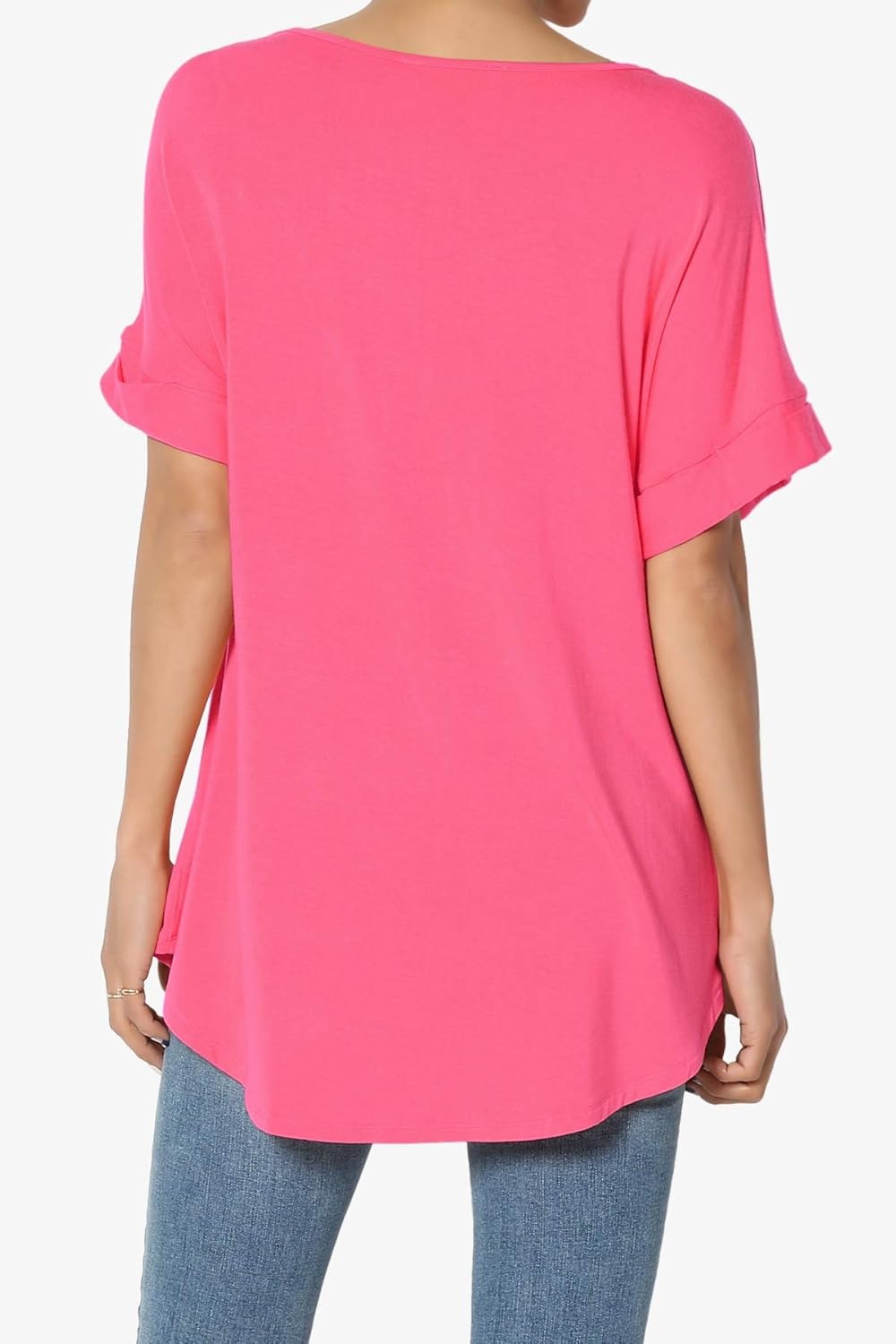 Women's Wide V-Neck Cuffed Short Sleeve Curved Hem Luxe Jersey Top