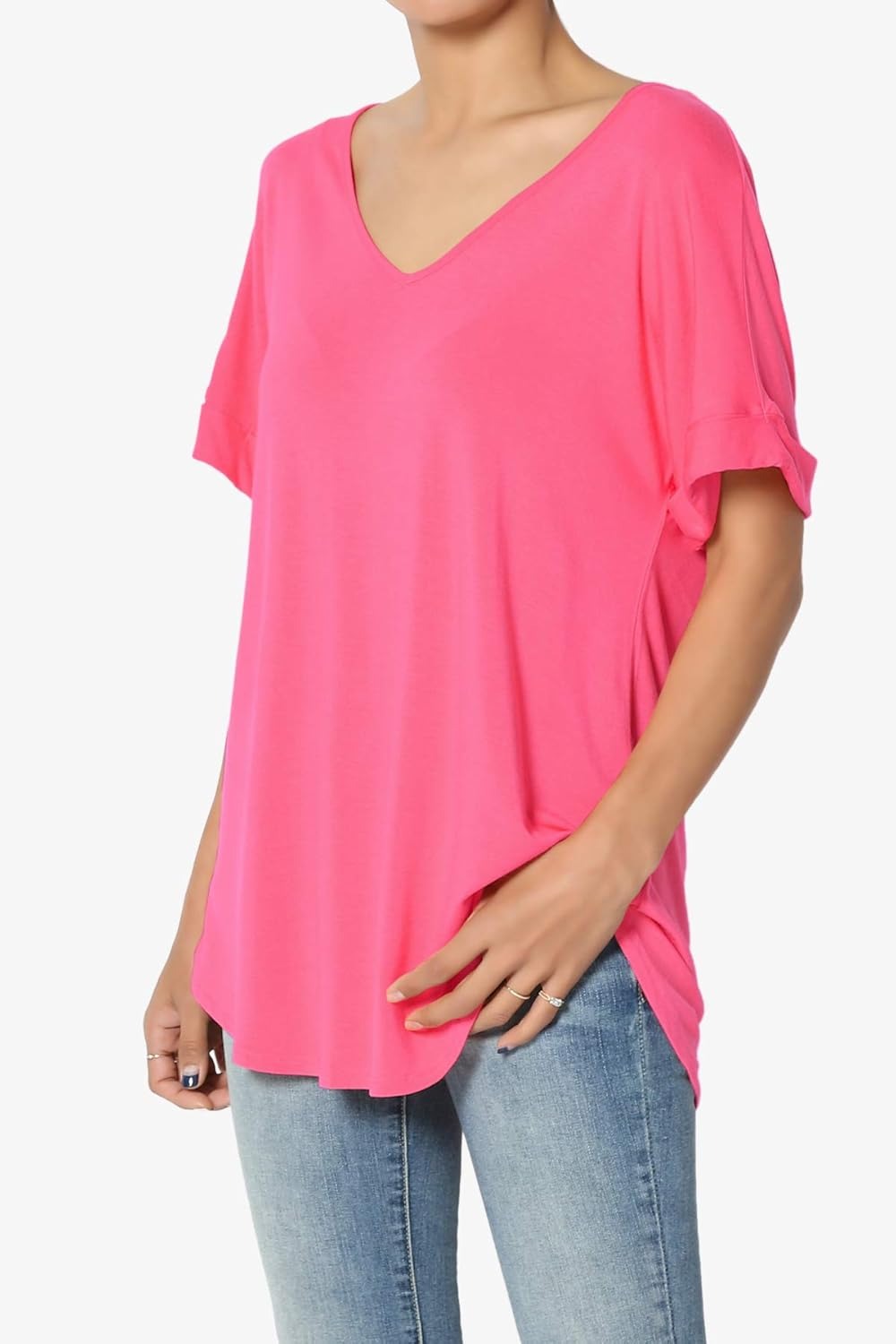 Women's Wide V-Neck Cuffed Short Sleeve Curved Hem Luxe Jersey Top