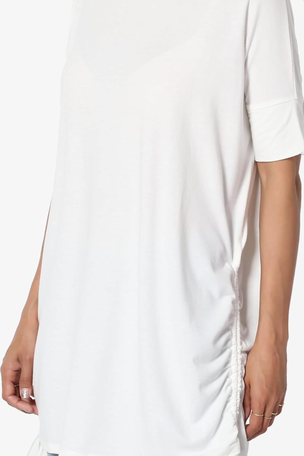 Tie Up Ruched Side Dolman Short Sleeve Round Neck Jersey Tee