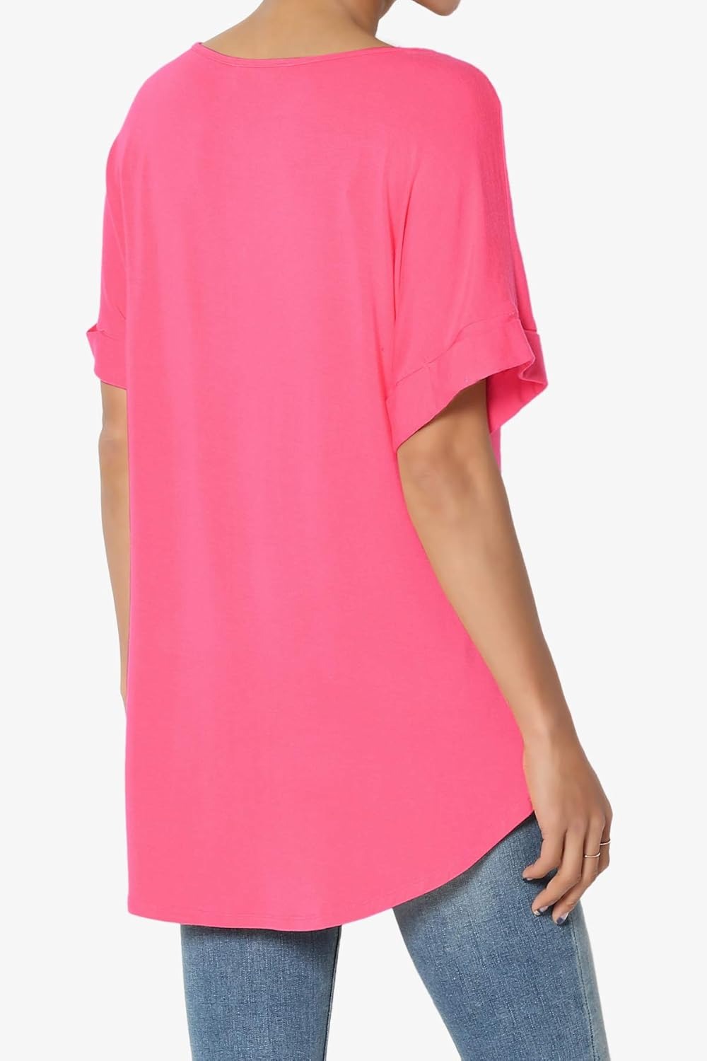 Women's Wide V-Neck Cuffed Short Sleeve Curved Hem Luxe Jersey Top