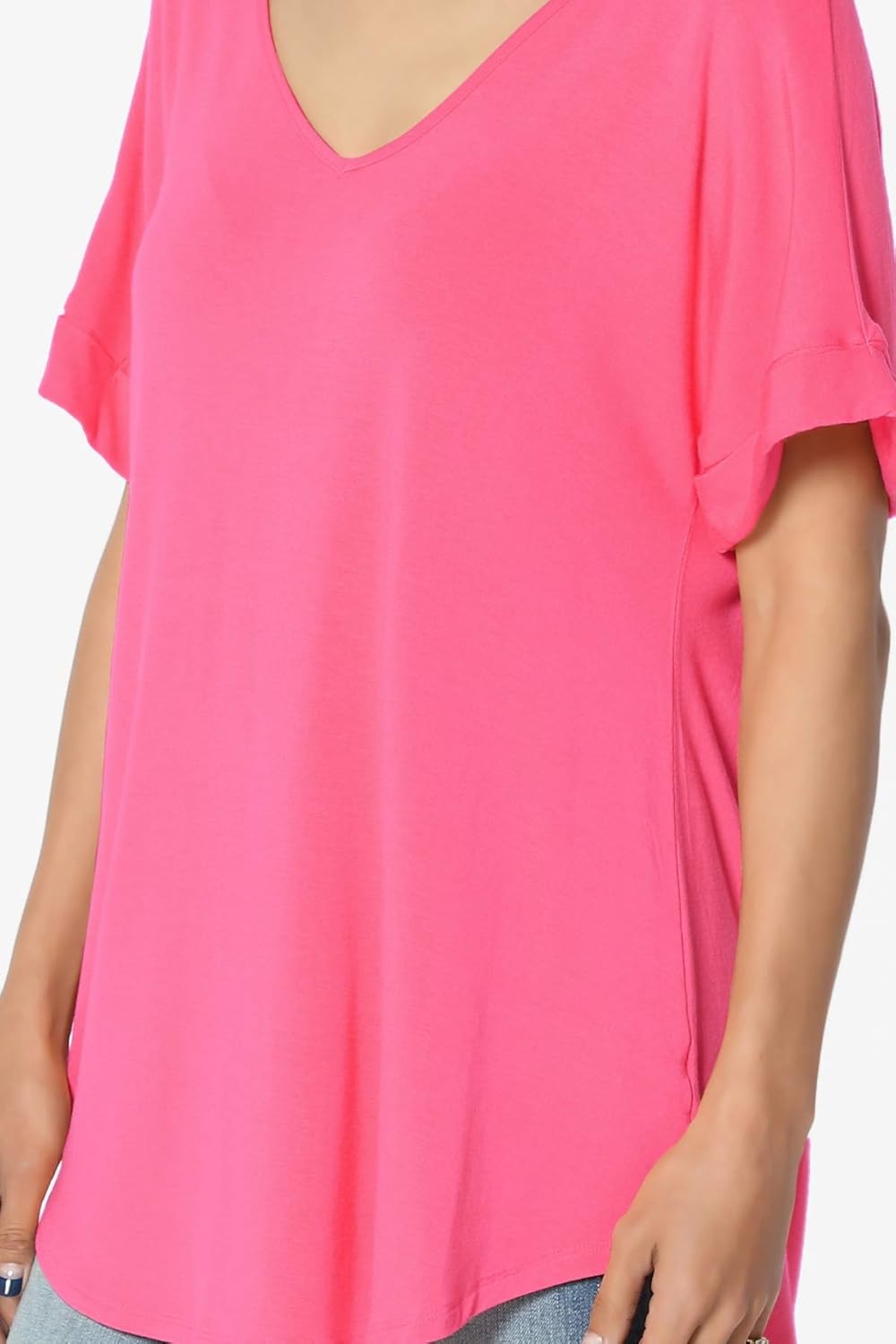 Women's Wide V-Neck Cuffed Short Sleeve Curved Hem Luxe Jersey Top