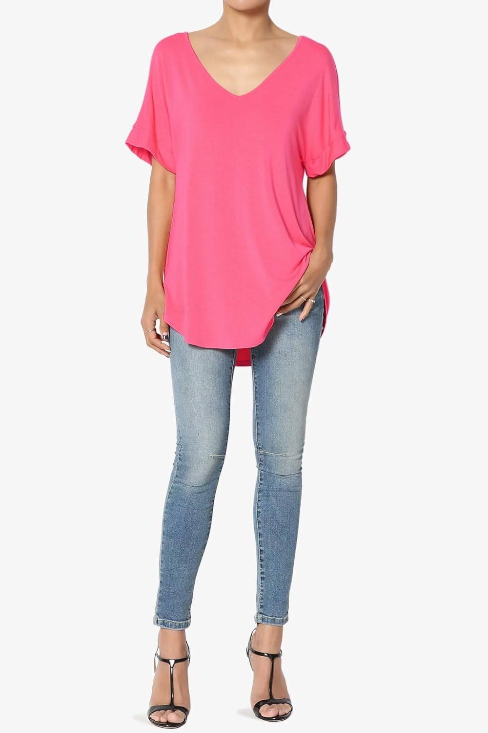 Women's Wide V-Neck Cuffed Short Sleeve Curved Hem Luxe Jersey Top