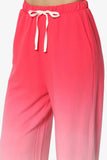 Cotton Ombre Dip Dye French Terry Long Sleeve Top Wide Leg Lounge Pants w/ Pockets Tracksuit SET - Ruby