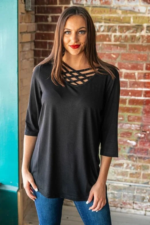 Women's Strappy Scoop Neck 3/4 Sleeve Flowy Top