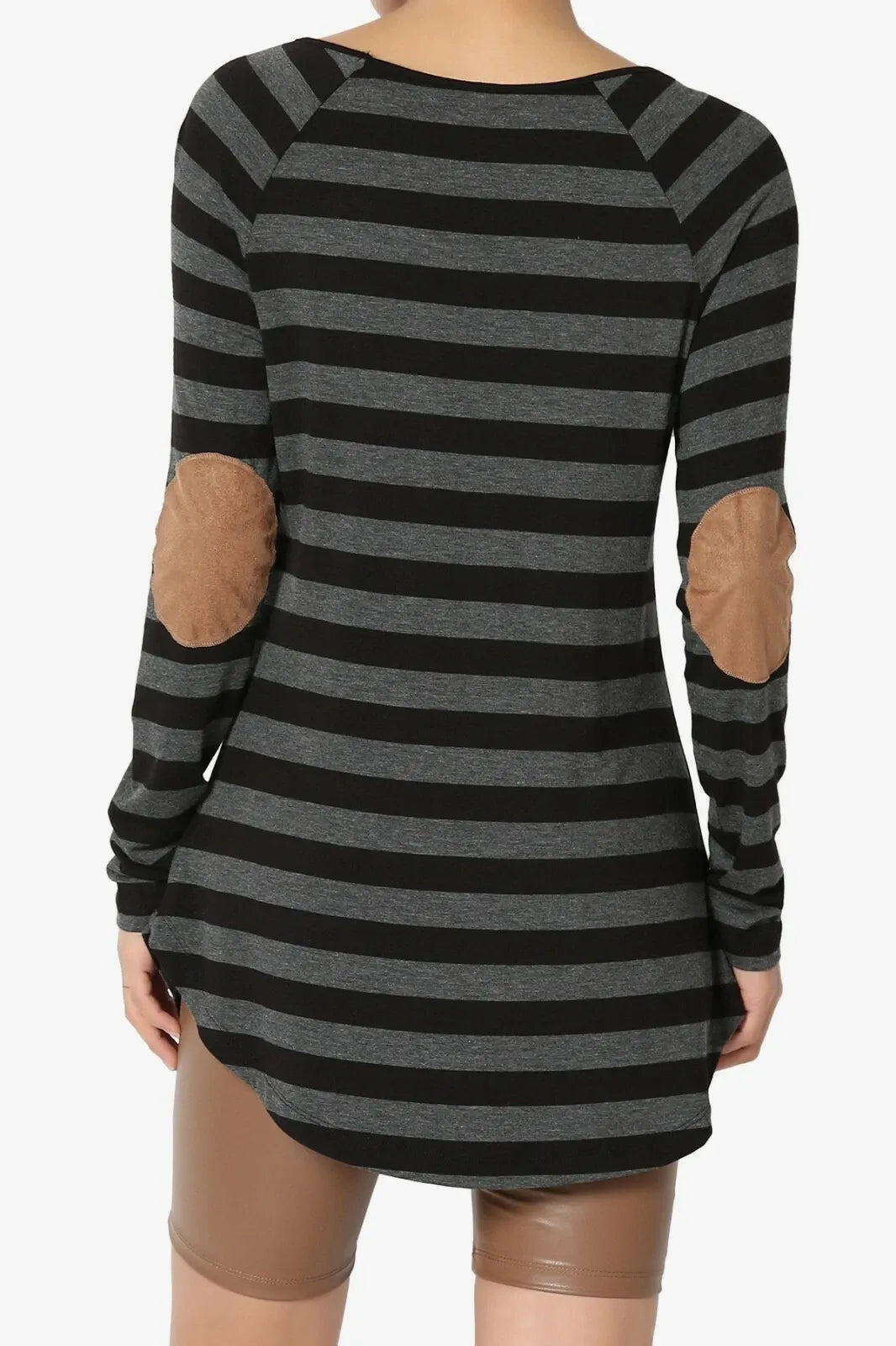 Boat Neck Striped Long Sleeve Elbow Patch Top - Gray