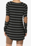Boat Neck Striped Long Sleeve Elbow Patch Top