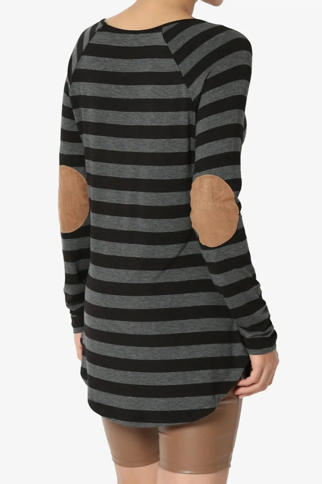 Boat Neck Striped Long Sleeve Elbow Patch Top - Gray