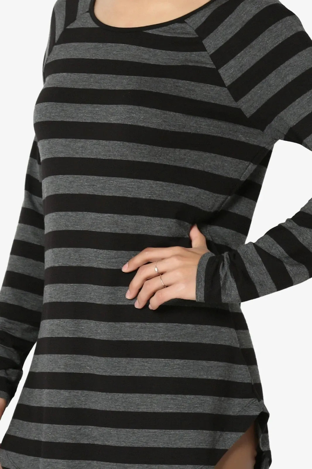 Boat Neck Striped Long Sleeve Elbow Patch Top - Gray