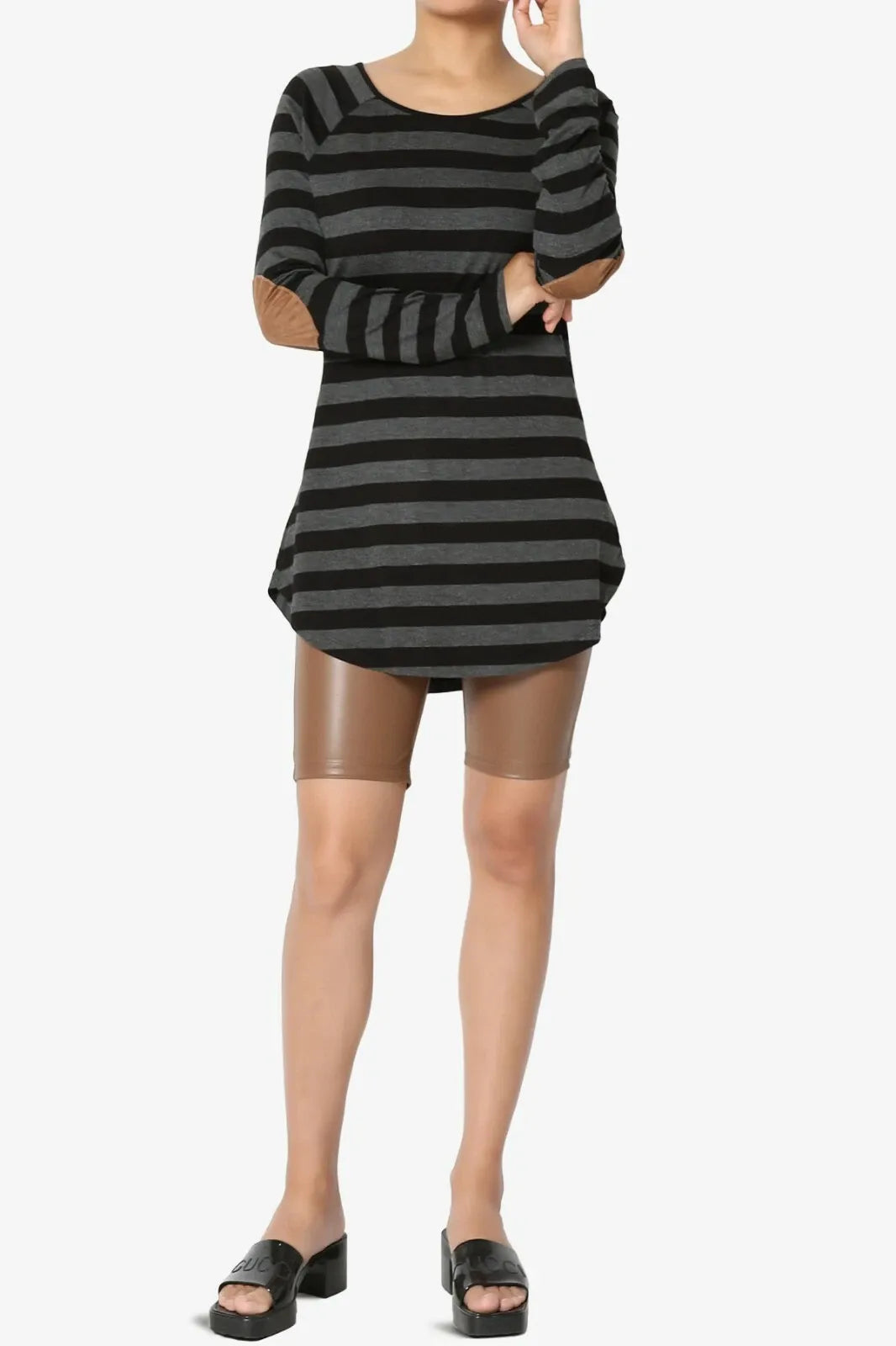 Boat Neck Striped Long Sleeve Elbow Patch Top - Gray