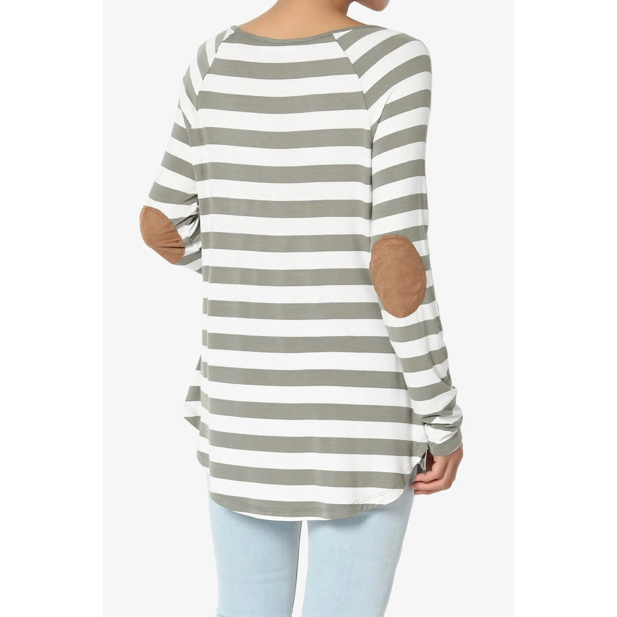 Boat Neck Striped Long Sleeve Elbow Patch Top - Gray