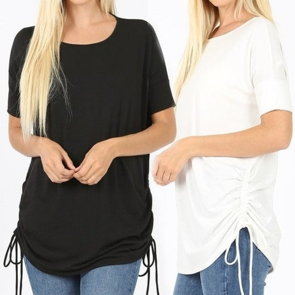 Tie Up Ruched Side Dolman Short Sleeve Round Neck Jersey Tee