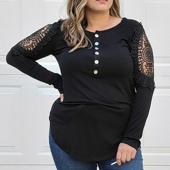 Lace Trimmed Long Sleeve Henley Top