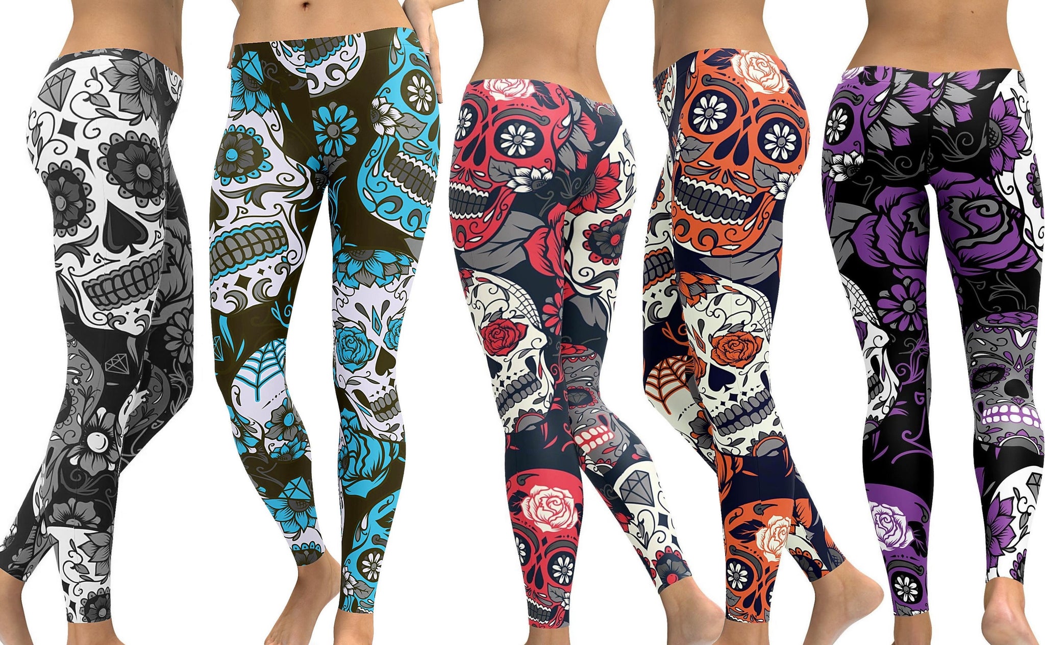 Large Sugar Skull Soft Full Length Leggings w/ Pocket In Yoga Band