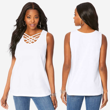 Solid Rayon Sleeveless Lattice Top - White