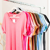 Women's Wide V-Neck Cuffed Short Sleeve Curved Hem Luxe Jersey Top