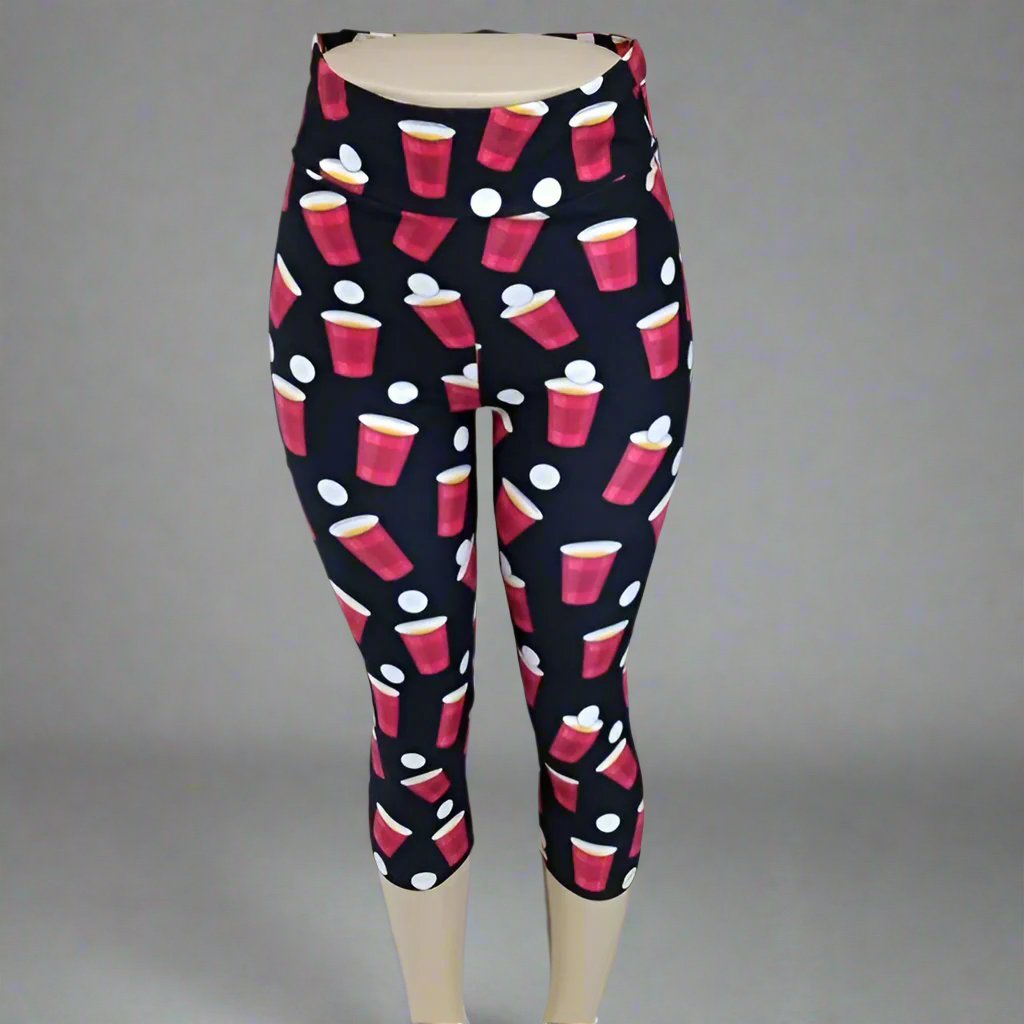 Beer Pong Red Cup Print Capri Leggings - Fun Party Game Inspired Legwear