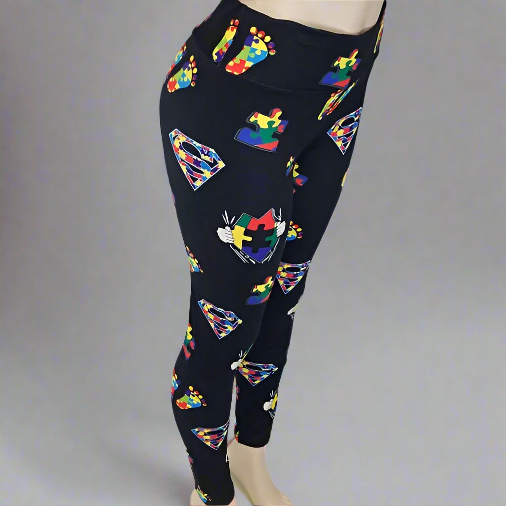 Super Power Puzzle Piece Print Soft Leggings w/ Secret Pocket in Yoga Band