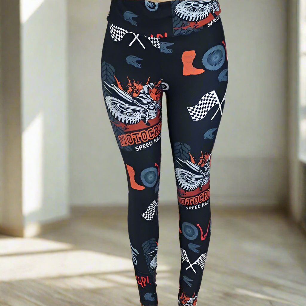 Motocross Themed Print Soft Leggings