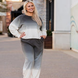 Cotton Ombre Dip Dye French Terry Long Sleeve Top Wide Leg Lounge Pants w/ Pockets Tracksuit SET - Black