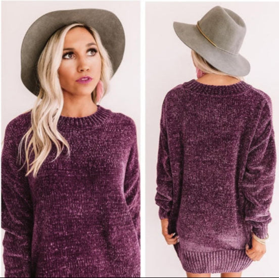 Chenille Pullover Crew Neck Oversized Sweater - Eggplant