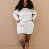 Oversized Cotton Terry Lounge Set – Long Sleeve Top & Drawstring Shorts - Plus
