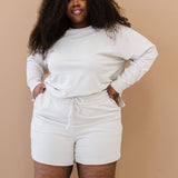 Oversized Cotton Terry Lounge Set – Long Sleeve Top & Drawstring Shorts - Plus