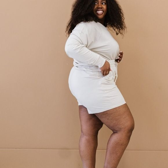 Oversized Cotton Terry Lounge Set – Long Sleeve Top & Drawstring Shorts - Plus