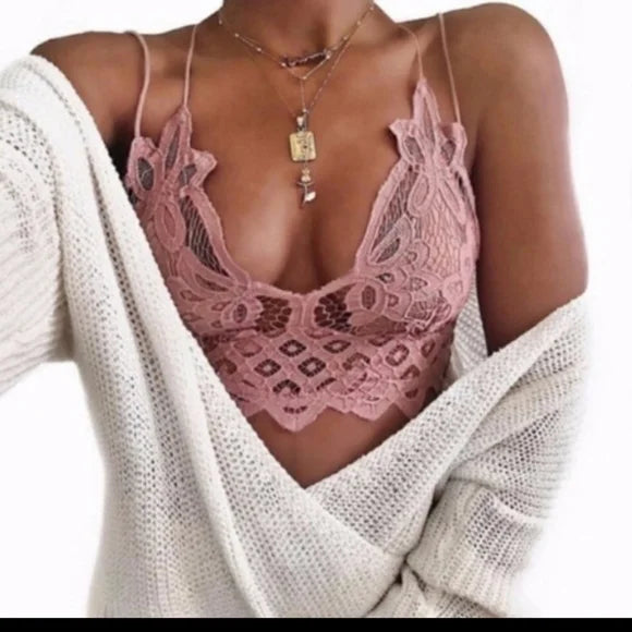 Women's Crochet Sexy Lace Bralette with Removable Pads and Cross Back Adjustable Strap Wirefree