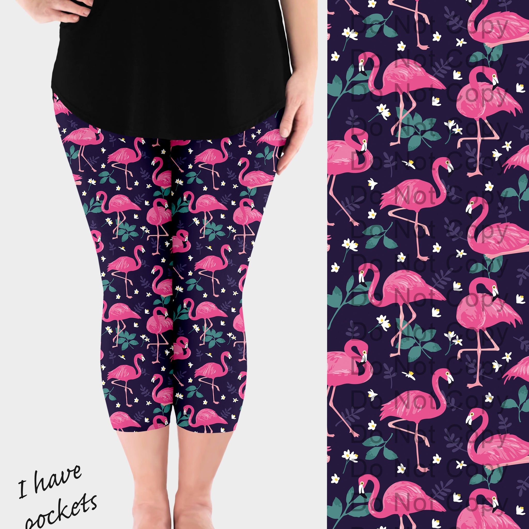 RTS - Navy Pink Flamingos Capri Leggings w/ Pockets