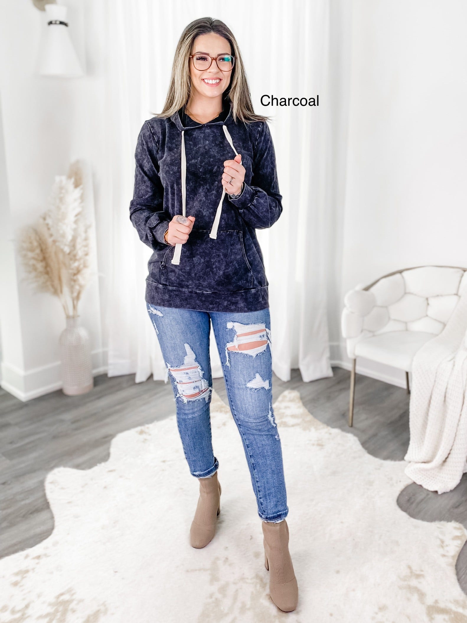 Acid Wash Drawstring Relaxed Pullover Hoodie Sweatshirts w/ Kangaroo Pocket